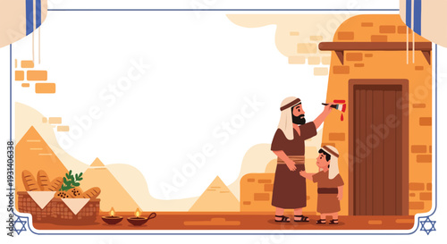Passover story illustration with father and son marking door.