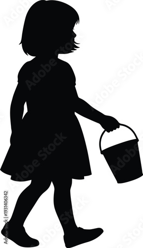 Black Silhouette of a Little Girl Walking with a Bucket Vector isolated PNG with Transparent Background