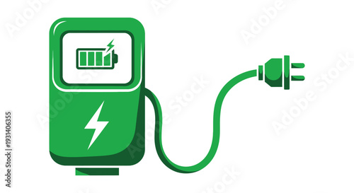 Green electric vehicle charging station vector graphic illustration displaying an attached charging plug.