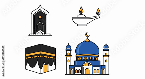 Set vektor rata dari unsur-unsur perayaan perayaan lebaran ramadhan mubarak mulai dikoleksi