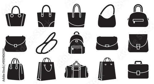 Collection of modern stylish handbag and luggage icons in black