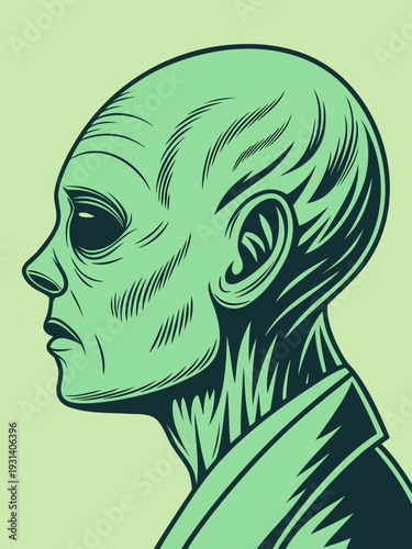 Alien head profile view green illustration.