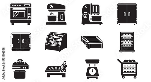 Kitchen appliances and baking equipment icons for culinary business
