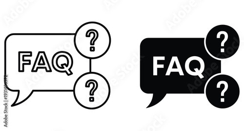 FAQ icon set with speech bubble and question marks in outline and solid black style for customer support help desk information services