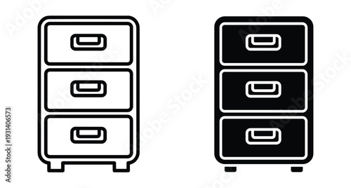Filing cabinet icon set with three drawers for office document storage organization business furniture archive system outline and solid style