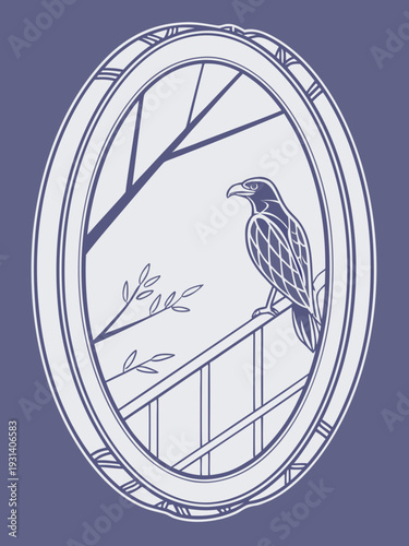 Raven perched on a fence in an oval frame.