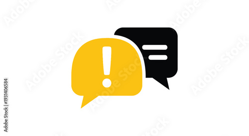 Vector illustration of two overlapping chat bubbles, one featuring a warning exclamation mark sign