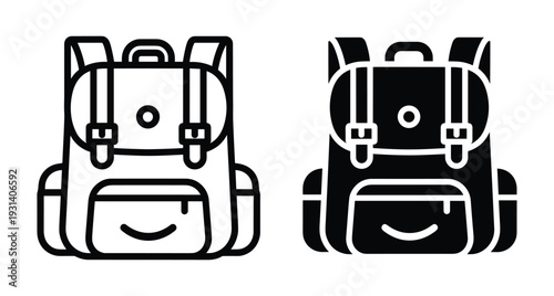 backpack icon set featuring line and solid styles for travel school hiking camping adventure luggage gear equipment outdoor student backpack icon