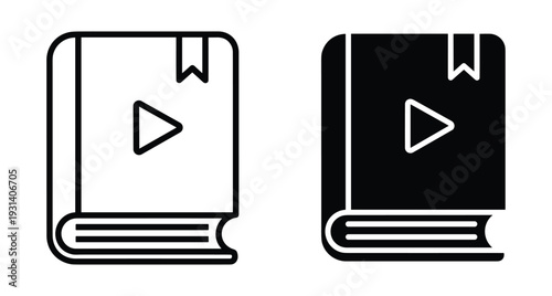 Video book icon set featuring outline and solid styles with play button and bookmark for digital learning online education multimedia tutorials