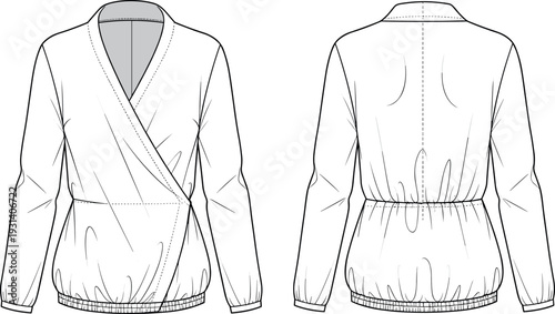 Women fashion technical flat sketch vector illustration of long sleeve V neck wrap blouse front and back view design template