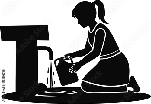 Silhouette of girl filling water from outdoor tap vector isolated PNG with Transparent Background