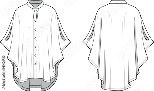 Womens oversized button down poncho shirt blouse technical fashion flat sketch vector illustration front and back view with mandarin collar