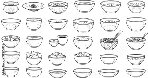 Hand-Drawn Vector Set of Bowls  Dishes. Outline Sketch Collection featuring Asian Cuisine (Rice, Soup, Noodles, Snacks) alongside Empty Bowls. Perfect for Kitchen, Food  Restaurant Designs.