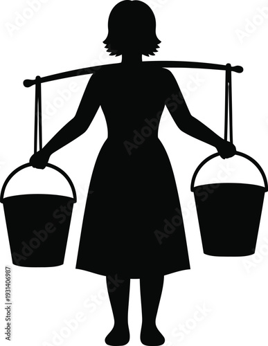 Silhouette of a woman carrying two full water buckets balanced on a shoulder yoke, suitable for depicting water carrying work.