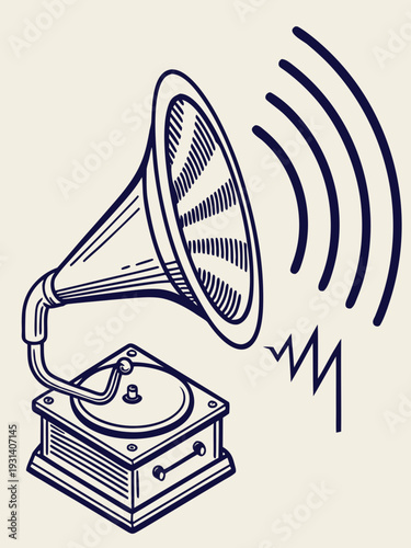 Vintage Gramophone Emitting Sound Waves.