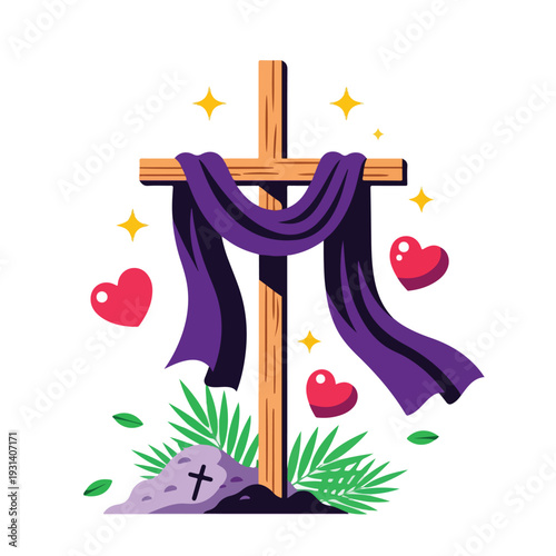 Christian celebration with wooden cross, purple cloth, and hearts.