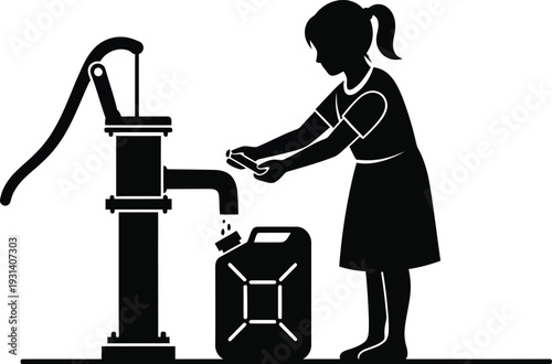 Girl pumping water into a plastic canister isolated on a white background for environmental awareness and humanitarian aid branding.