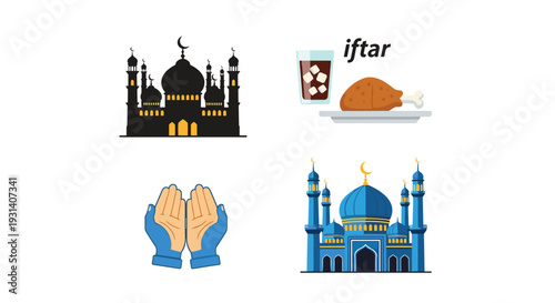 Set vektor rata dari unsur-unsur perayaan perayaan lebaran ramadhan mubarak mulai dikoleksi