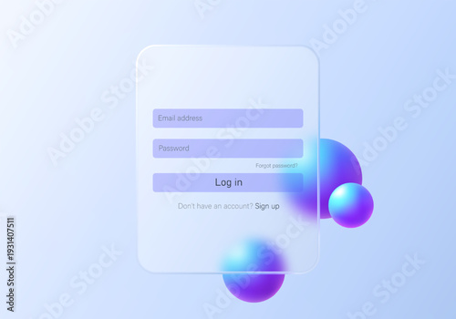 Modern glass morphism style login interface with a translucent panel and gradient spheres. Vector UI template.