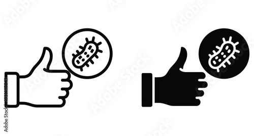 Thumbs up hand icon with probiotic bacteria microbe symbol representing healthy gut flora immune system support and beneficial microorganisms for wellness