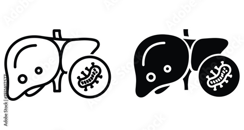 human liver infection icons showing bacteria or virus cells for medical diagnosis of hepatitis cirrhosis or internal organ disease health care symbols