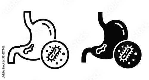 Stomach icon with bacteria infection showing gastric ulcer or gastritis symptoms for medical healthcare and digestive system disease diagnosis and treatment