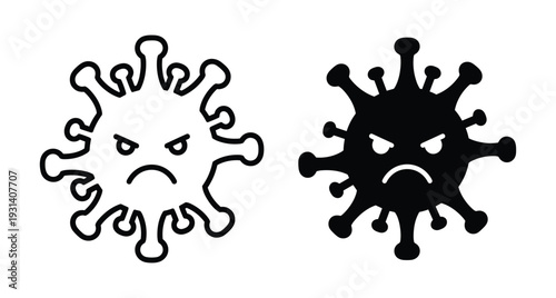 Angry virus character icons set with outline and solid black silhouette styles representing infection disease bacteria pathogen germ and health risk