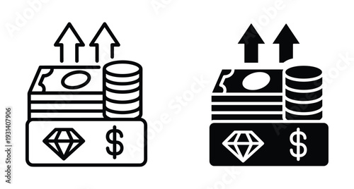 Financial growth icon set featuring money stacks coins diamond and dollar sign with upward arrows representing profit investment success and wealth