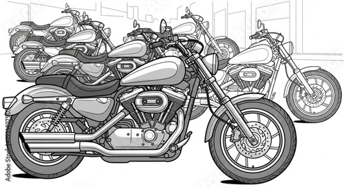 Detailed illustration of a classic motorcycle parked outdoors.