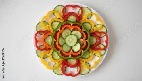 Vibrant mandala of sliced colorful bell peppers and fresh cucumber rings arranged on a white plate for a healthy appetizer