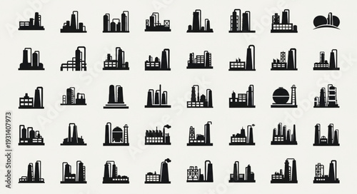 Collection of Industrial Factory Silhouettes on a Light Background.
