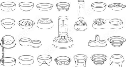 Collection of various pet food and water bowls, feeders, and automatic dispensers. Line art illustration of different designs for dogs and cats.