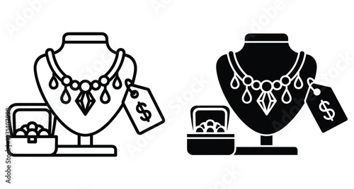 Necklace display bust with price tag and jewelry box icons in outline and solid black styles for retail shop fashion boutique