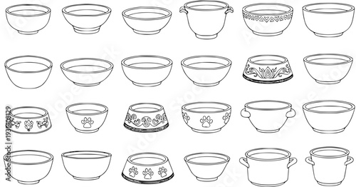 Collection of various black and white outline drawings of different types of bowls, including plain bowls, decorative pet food bowls with paw prints, patterned dishes, and kitchen pots with handles.