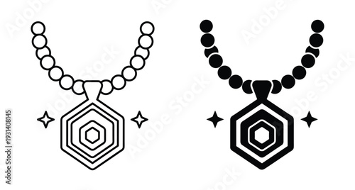 Necklace icon set with hexagonal pendant and beaded chain featuring outline and solid black styles for jewelry design and fashion branding