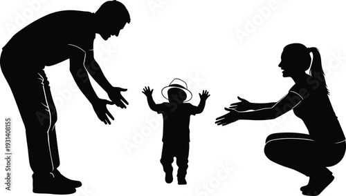 Family silhouette vector illustration, parent and child graphics, love and connection drawing collection, black and white people art - flat vector illustration