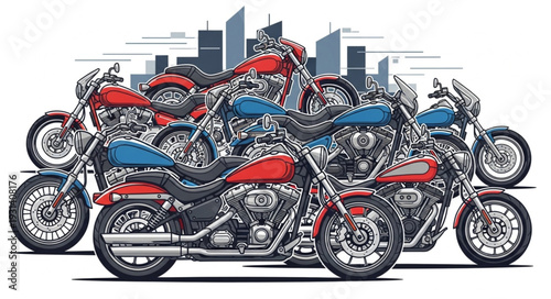 Collection of Harley Davidson Motorcycles in a City Setting.