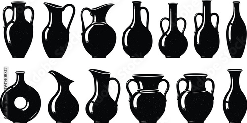 Ancient pottery silhouette vector illustration, amphora jug vase graphics, archaeological vessel drawing collection, black and white design art - flat vector illustration