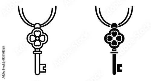 key necklace pendant with four leaf clover flower head design in outline and solid black silhouette style for jewelry fashion accessory