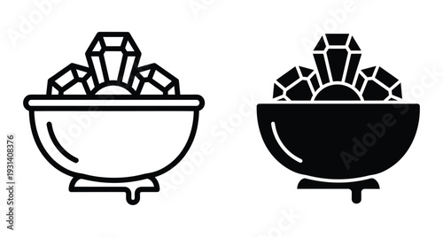 Bowl of crystals and gems icon set featuring outline and solid black versions for jewelry mining wealth treasure and game design