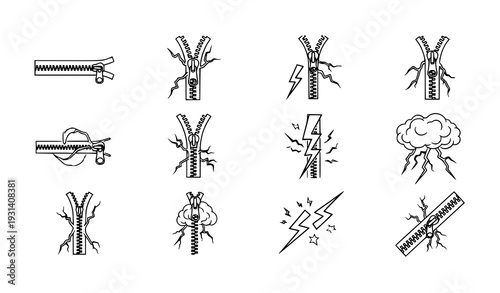 Modern vector collection of zippers with dynamic lightning and thunderstorm elements
