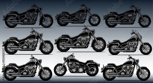 Collection of Nine Detailed Motorcycle Illustrations.