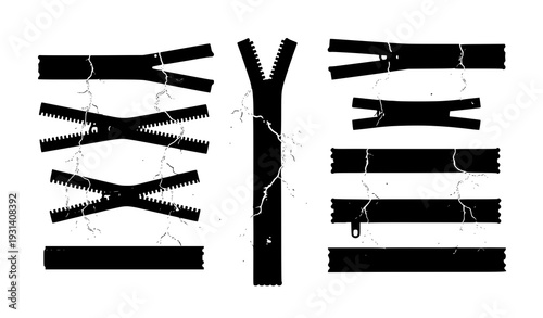 Vector set of zippers with thunderstorm and lightning effects for modern illustrations