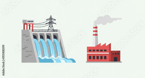Hydroelectric dam and industrial factory illustration.