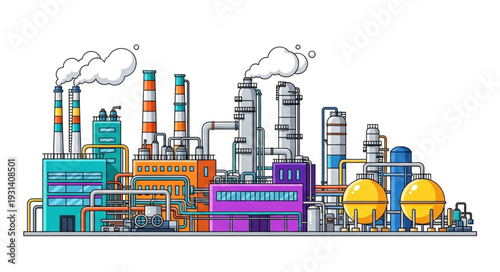 Colorful industrial factory complex with smoking chimneys and storage tanks.