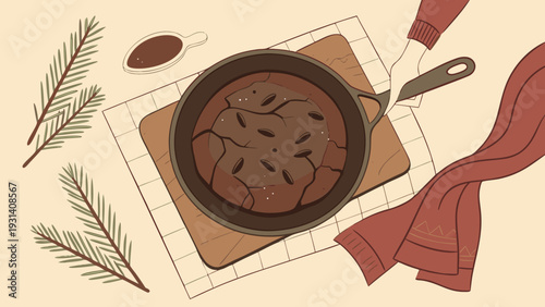 Delicious chocolate brownie in a pan with festive pine branches.