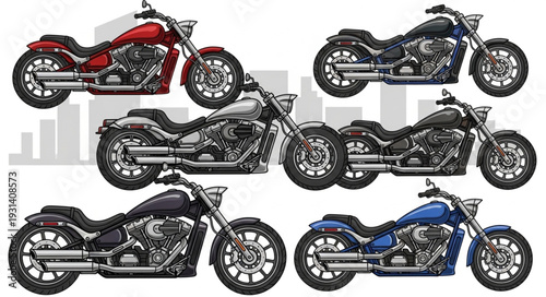 Collection of Custom Cruiser Motorcycles in Various Colors.