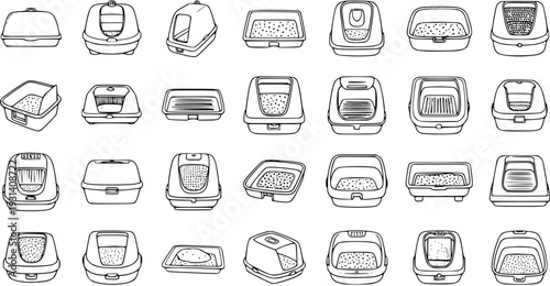 Cat Litter Box Icons: A Collection of Pet Waste Management Symbols in Outline Style