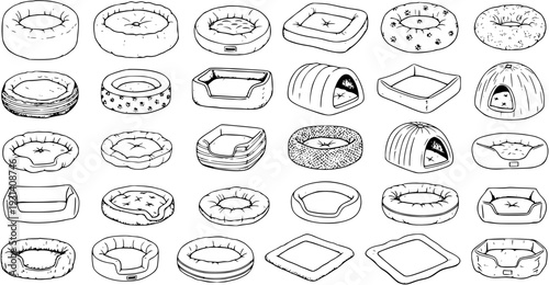 Collection of outline illustrations of various pet beds for cats and dogs, showcasing different shapes, styles, and designs like round, rectangular, donut, and cave beds, on white background.