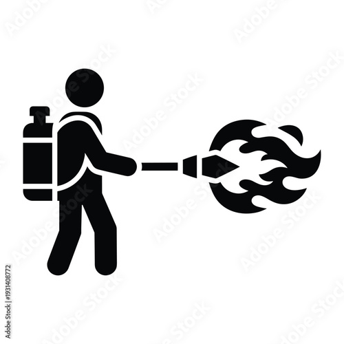 Flamethrower operator silhouette icon showing person with fuel tank backpack spraying fire for industrial or military use